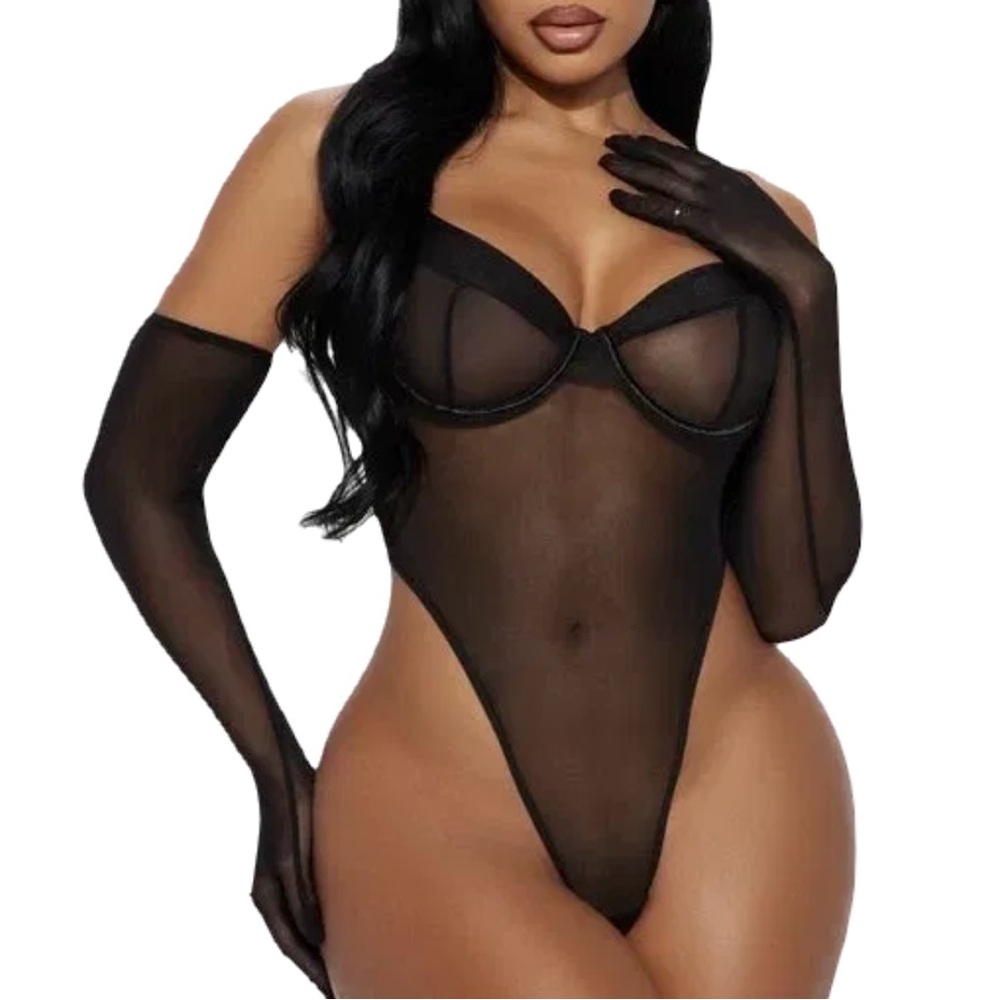 Black Sheer Mesh Bodysuit with Gloves